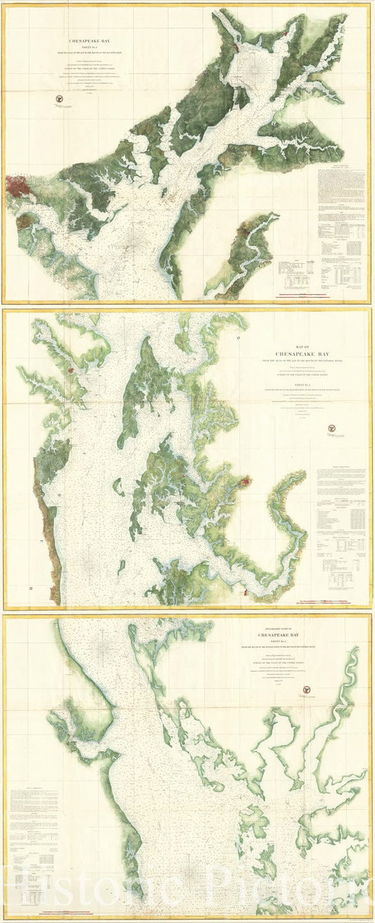 Historic Map : The Chesapeake Bay "3 parts", U. S. Coast Survey, 1857, Vintage Wall Art