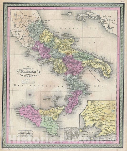 Historic Map : Southern Italy " Naples, Sicily ", Mitchell, 1853, Vintage Wall Art