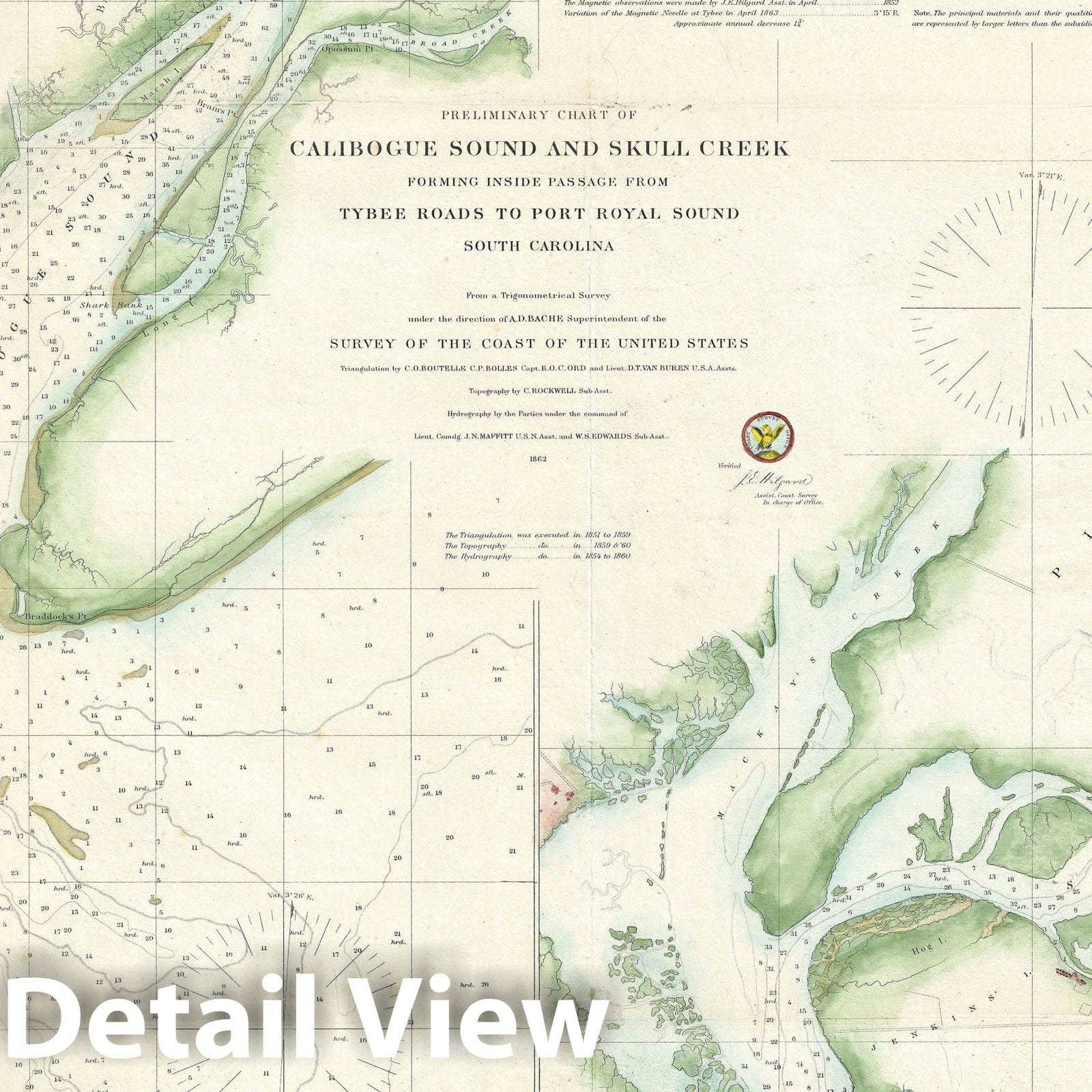 Historic Map : Calibogue Sound and Skull Creek, South Carolina, U. S. Coast Survey, 1862, Vintage Wall Art