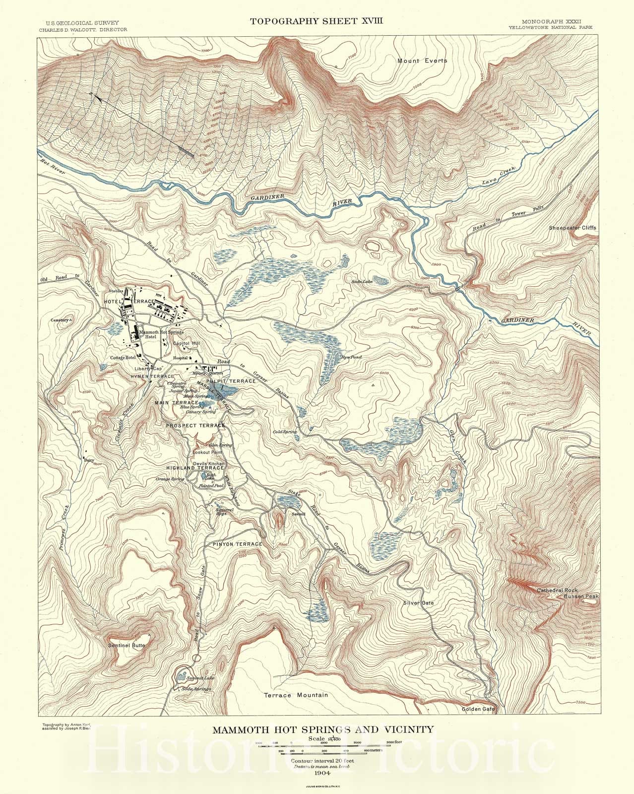 Historic Map : USGS Topographic Mammoth Springs, Yellowstone National Park, 1904, Vintage Wall Art