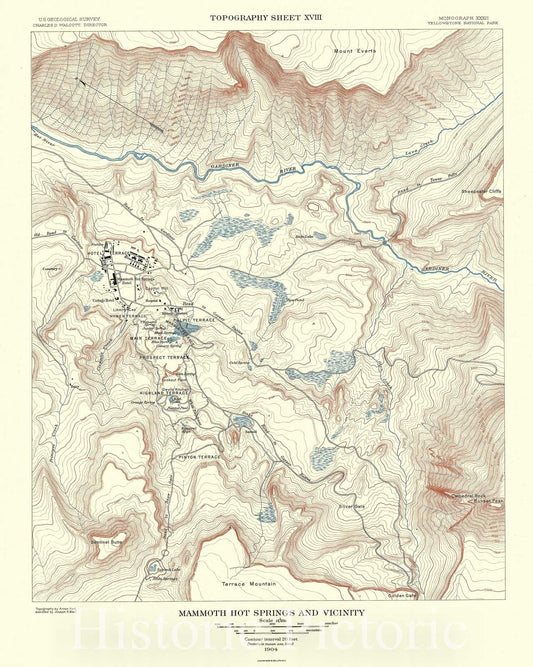 Historic Map : USGS Topographic Mammoth Springs, Yellowstone National Park, 1904, Vintage Wall Art