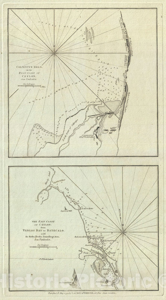 Historic Map : Nautical Chart The East and West Coast of Ceylon or Sri Lanka, Laurie and Whittle, 1794, Vintage Wall Art