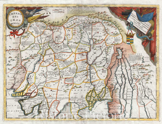 Historic Map : The Mughal Empire or Northern India, Coronelli, 1691, Vintage Wall Art