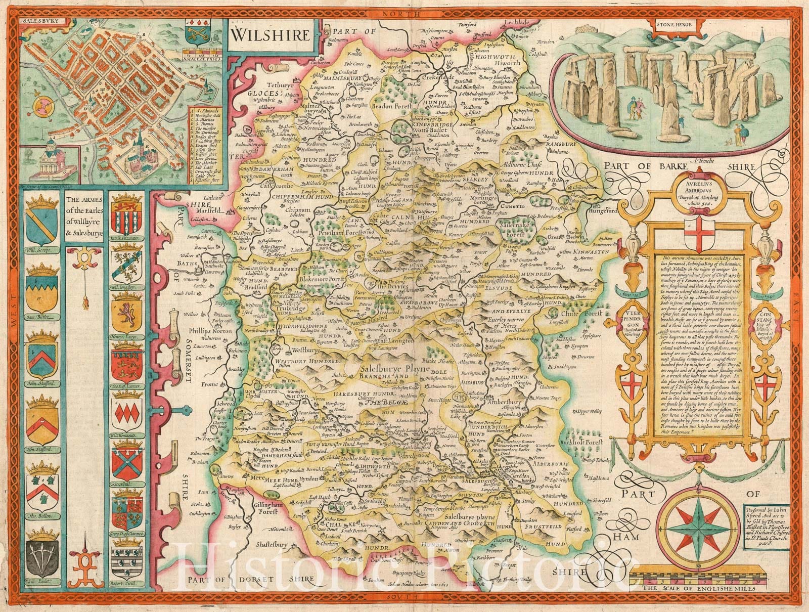 Historic Map : Wiltshire, Depicting Stonehenge, John Speed County, 1676, Vintage Wall Art