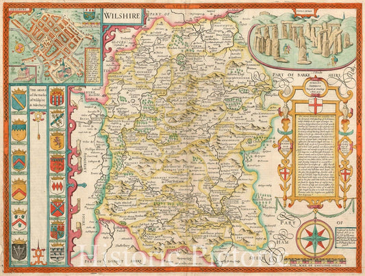 Historic Map : Wiltshire, Depicting Stonehenge, John Speed County, 1676, Vintage Wall Art