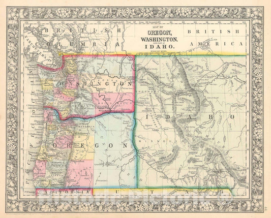 Historic Map : The Pacific Northwest: Washington, Oregon, Idaho, Mitchell, 1863, Vintage Wall Art