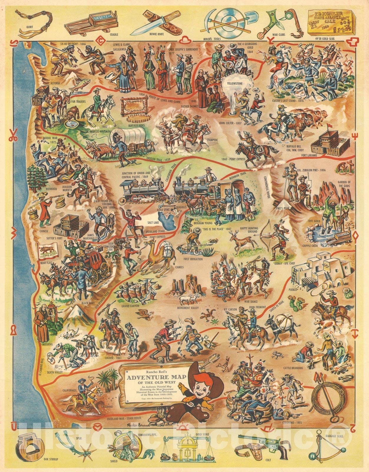 Historic Map : Pictorial Map of The Old West, Parker Edwards, 1951, Vintage Wall Art