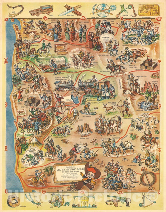 Historic Map : Pictorial Map of The Old West, Parker Edwards, 1951, Vintage Wall Art