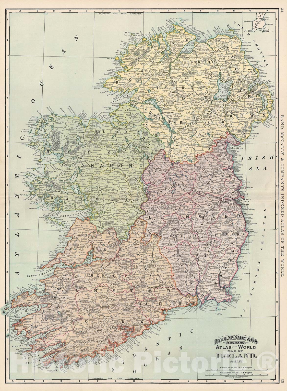 Historic Map : Ireland, Rand McNally, 1892, Vintage Wall Art