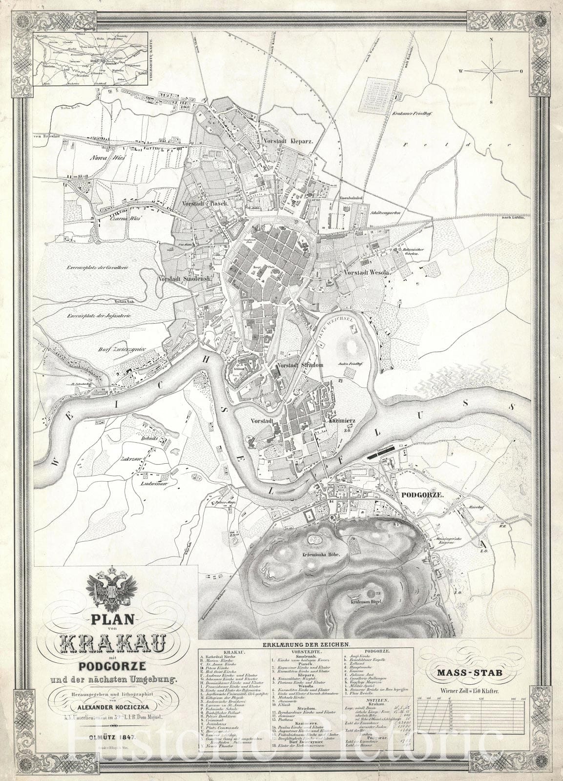 Historic Map : Plan of Krakow, Poland, Kocziczka, 1847, Vintage Wall Art