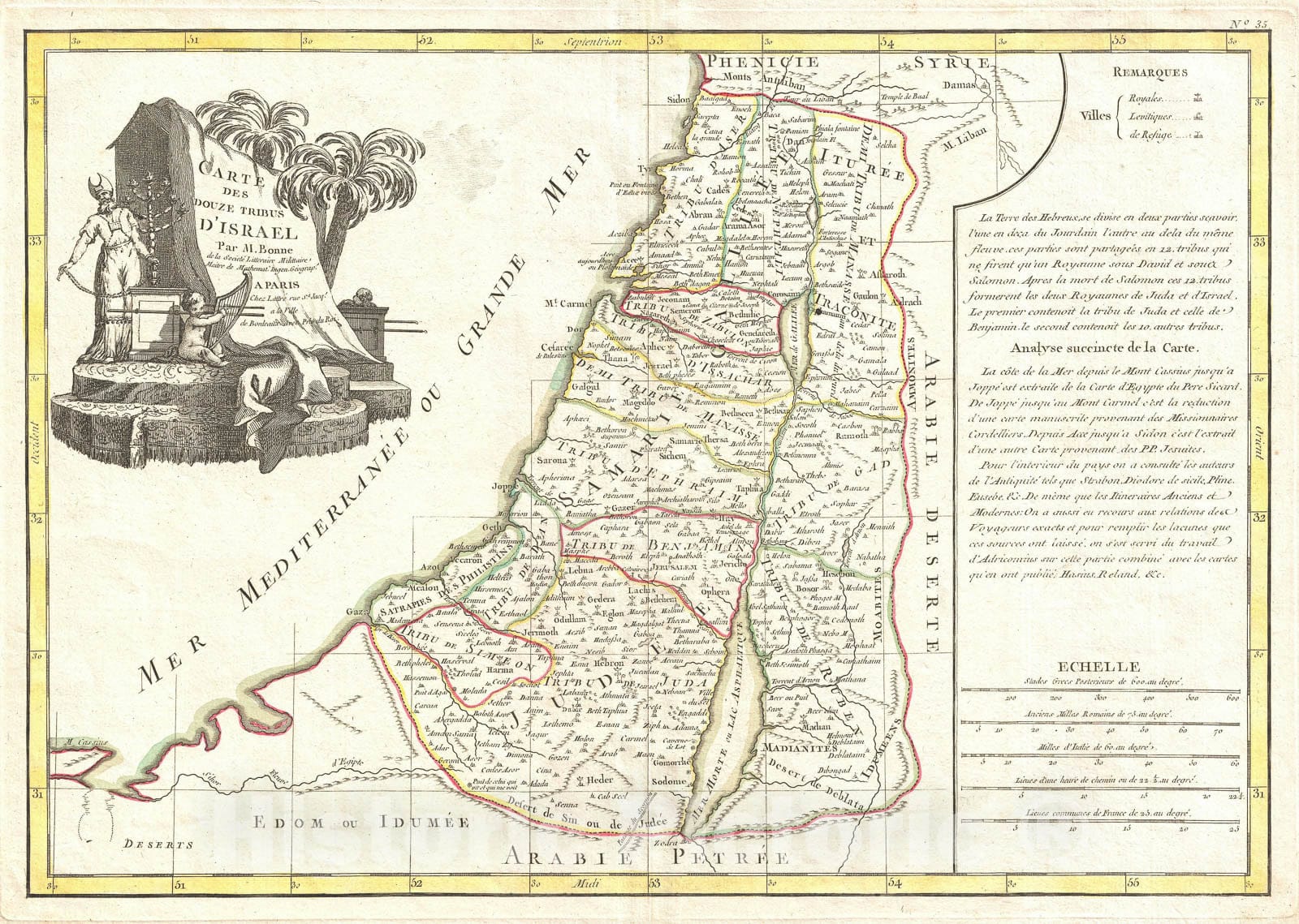 Historic Map : Israel showing The Twelve Tribes, Bonne, 1770, Vintage Wall Art