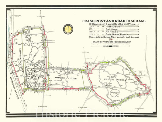 Historic Map : White House Signal Detachment Map of The Phone Network at Hyde Park, NY, 1945, Vintage Wall Art