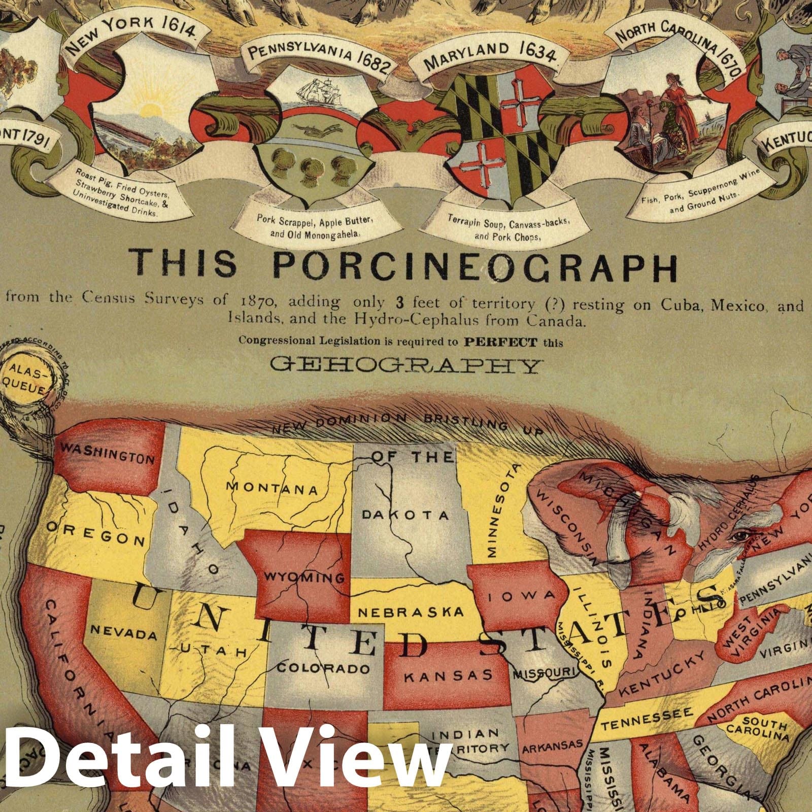 Historic Map : The United States "as Pig", Baker, 1876, Vintage Wall Art