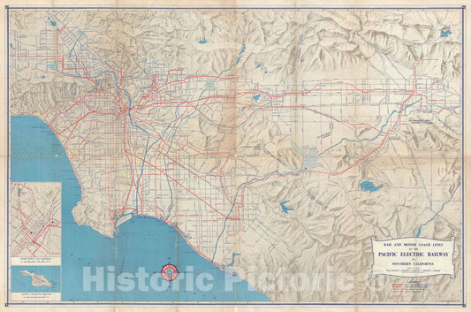 Historic Map : Pacific Electric Railway around Los Angeles, California, Pacific Electric, 1946, Vintage Wall Art