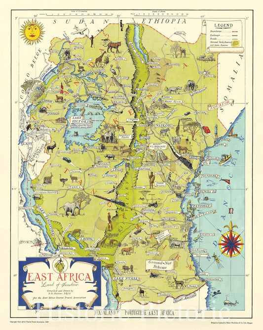 Historic Map : Mathews Pictorial Map of East Africa "Kenya, Tanzania, Uganda, Zanzibar", 1949, Vintage Wall Art