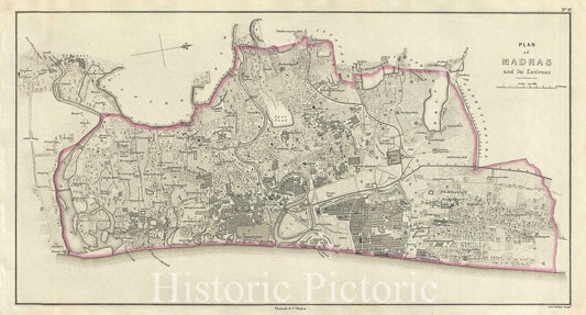 Historic Map : Plan of The City of Madras or Chennai, India, Pharoah, 1854, Vintage Wall Art