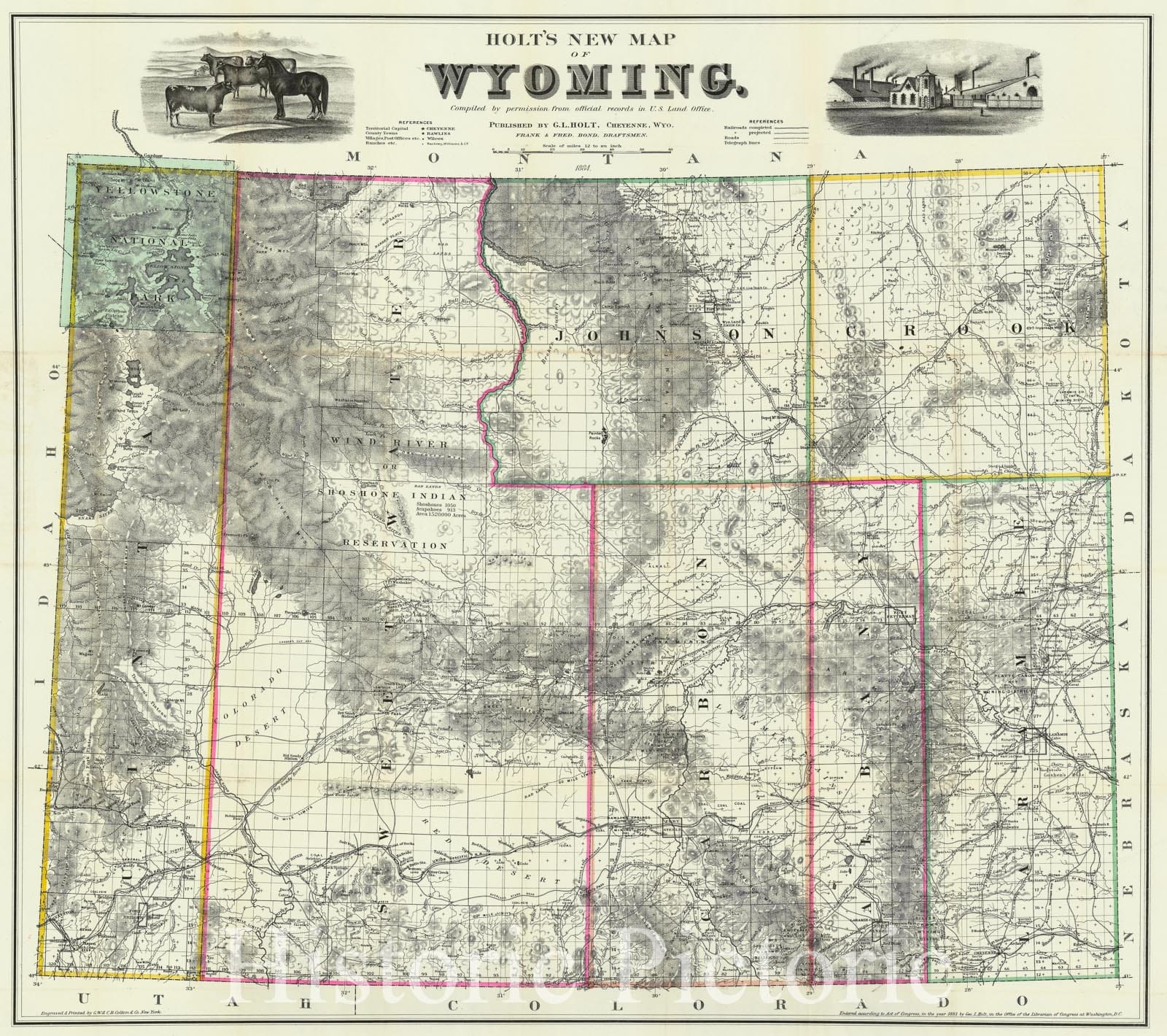 Historic Map : Wyoming Territory - finest commercial Map of, Holt, 1884, Vintage Wall Art