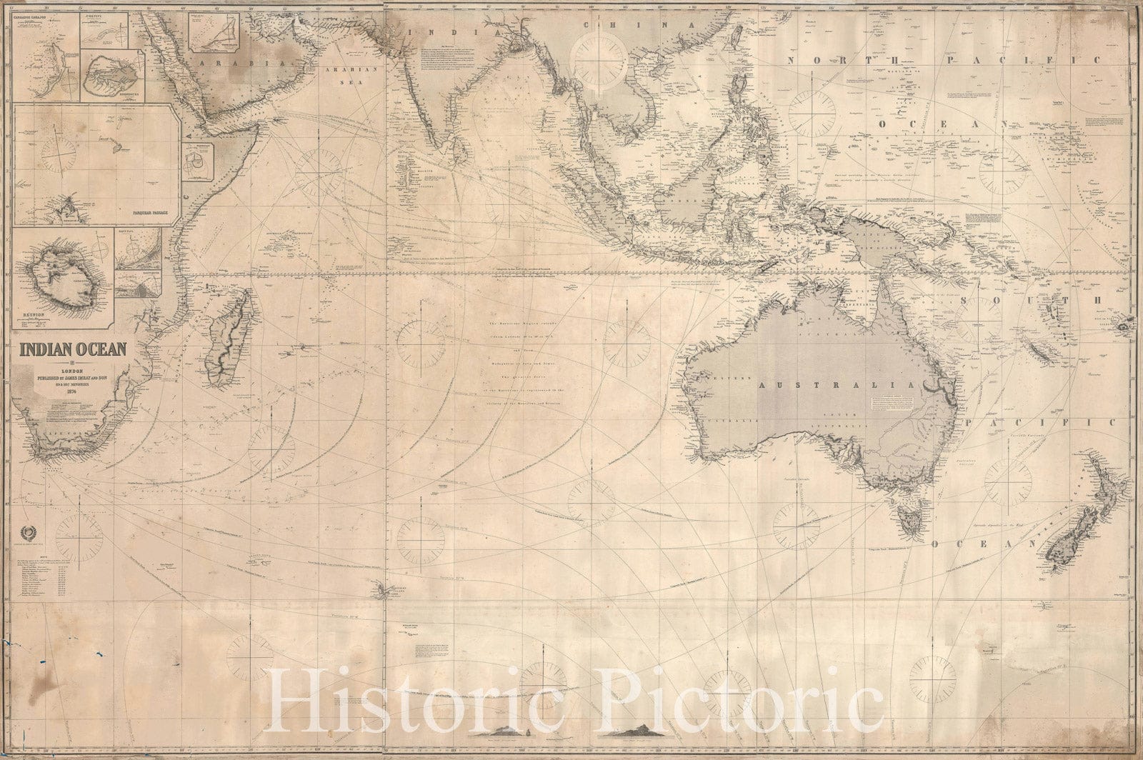 Historic Map : Nautical Chart The Indian Ocean, Blueback, 1874, Vintage Wall Art