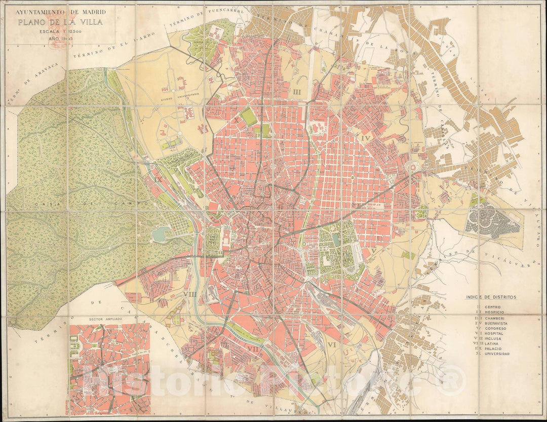 Historic Map : Plan of Madrid, Spain, Madrid Council, 1945, Vintage Wall Art