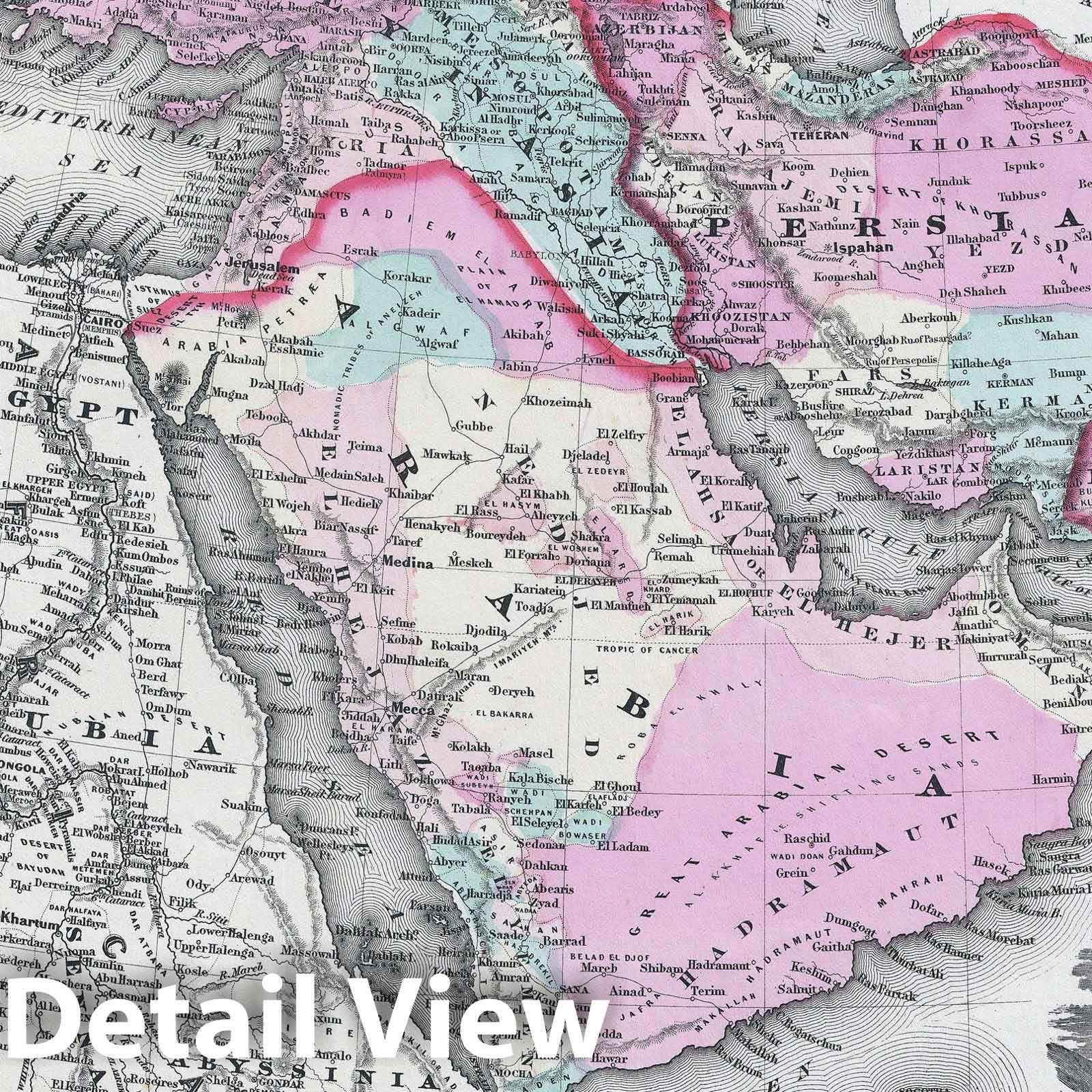 Historic Map : Arabia, Persia, Turkey and Afghanistan "w/ Iran, Iraq", Johnson, 1861, Vintage Wall Art
