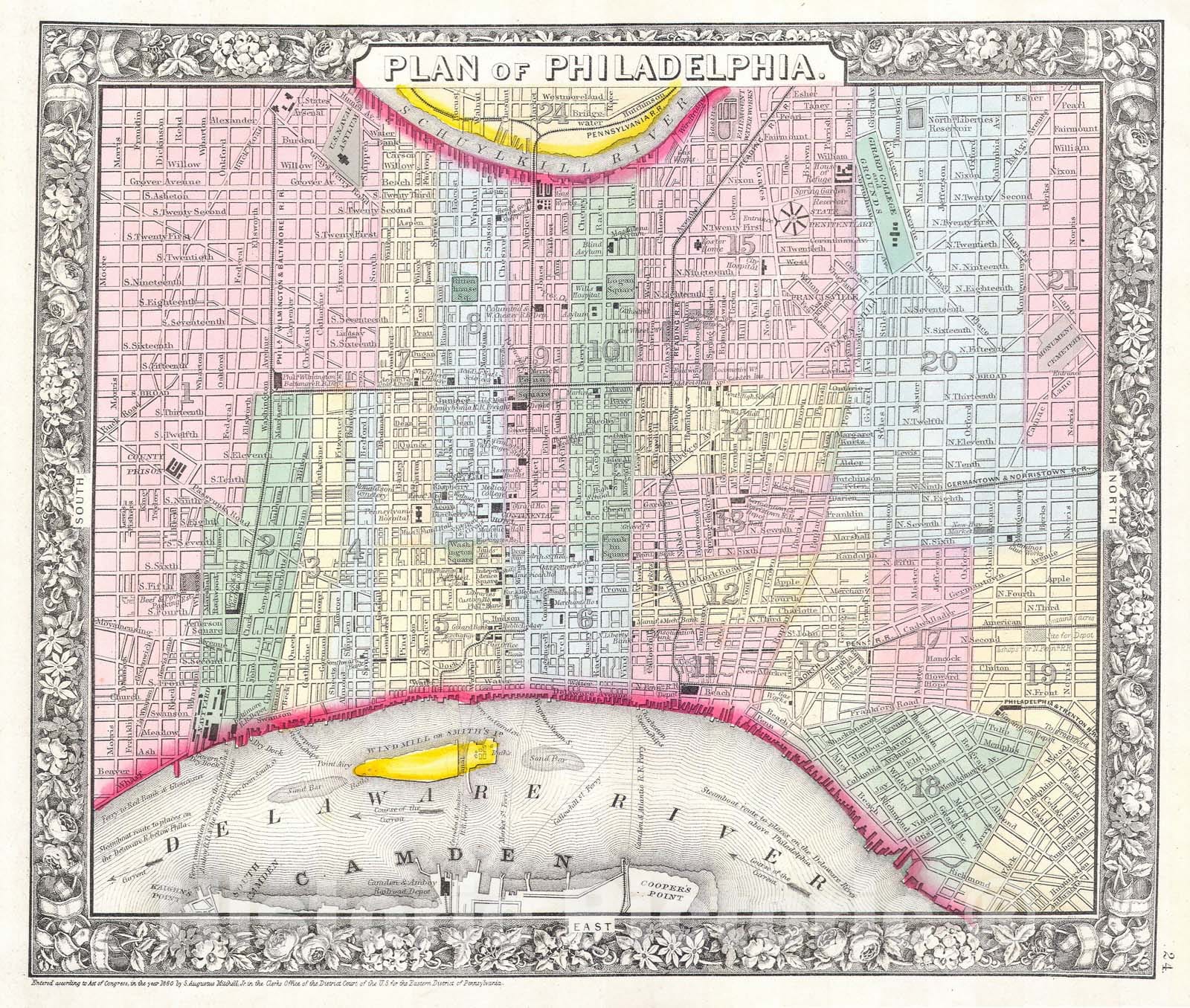 Historic Map : Philadelphia, Mitchell's Street, 1860, Vintage Wall Art