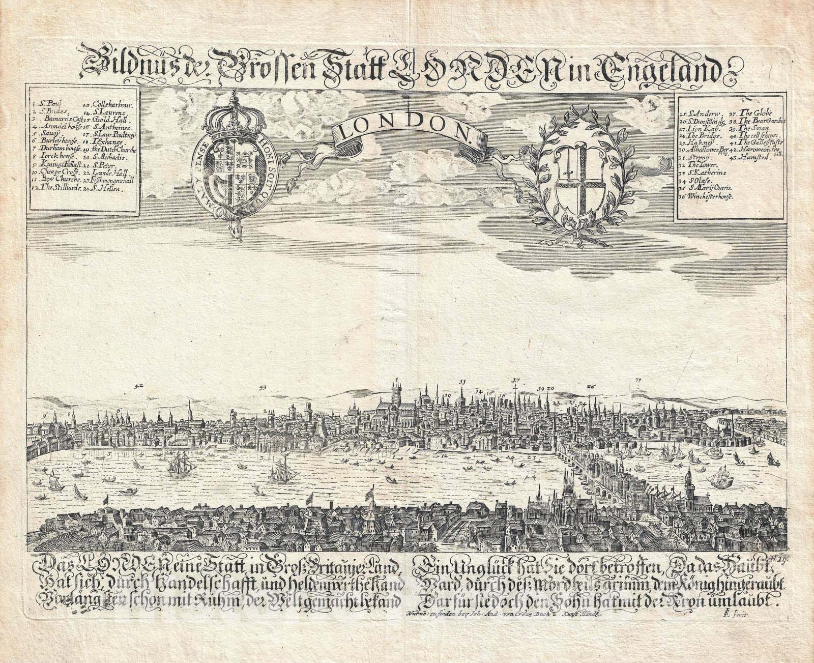 Historic Map : London, England "pre-Fire", Schnitzer, 1650, Vintage Wall Art