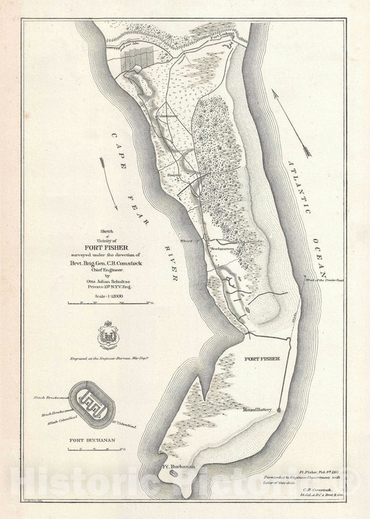 Historic Map : Fort Fisher at Pleasure Island, North Carolina, Schultze, 1865, Vintage Wall Art