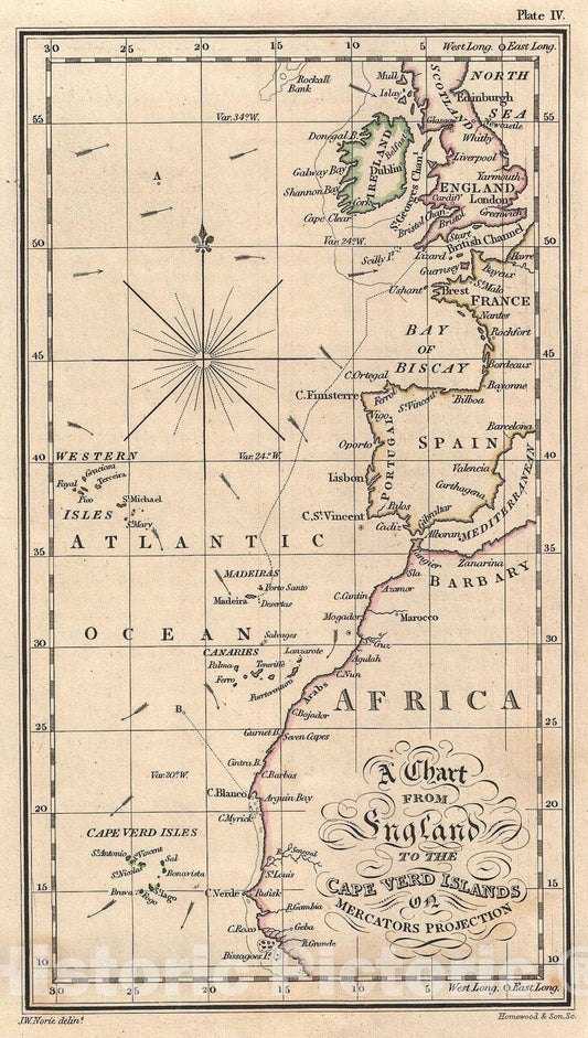 Historic Map : Nautical Chart Atlantic: England to The Cape Verd Islands, J.W. Norie, 1840, Vintage Wall Art