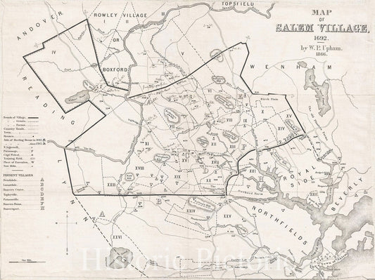 Historic Map : The Village of Salem, Massachusetts, during The 1692 Witchcraft Trials, W. P. Upham, 1866, Vintage Wall Art