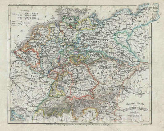 Historic Map : Greater Germany "Germany, Holland, Belgium, Bohemia, Austria", Meyer, 1852, Vintage Wall Art