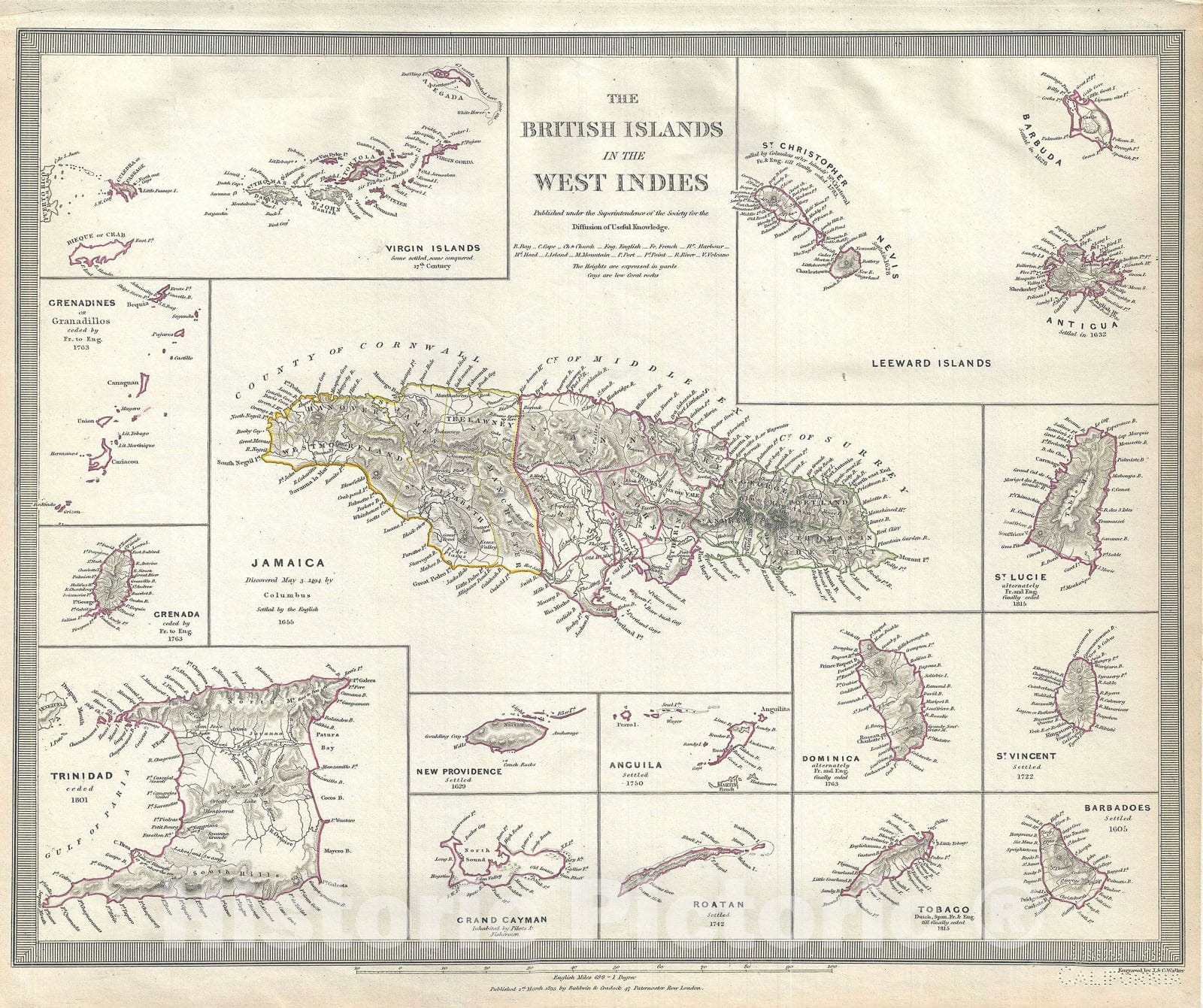 Historic Map : The British Islands in West Indies "Including Jamaica", S.D.U.K., 1835, Vintage Wall Art