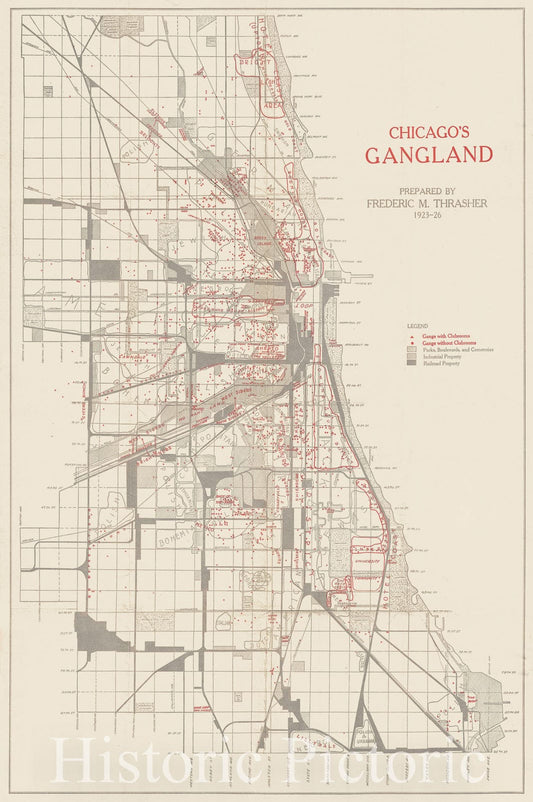 Pictorial Map of Chicago, Illinois (IL) 'Gangland', Bruce-Roberts, 1931 - Vintage Wall Art