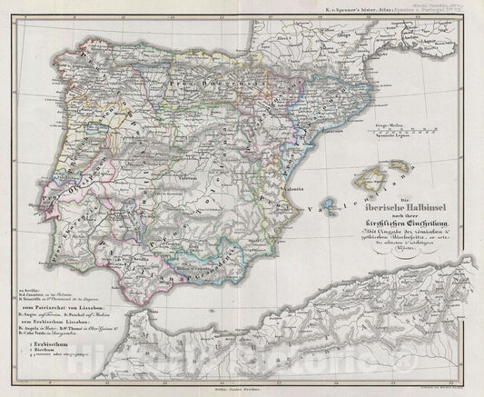 Historic Map : Spain and Portugal with ecclesiastical divisions, Spruner, 1854, Vintage Wall Art