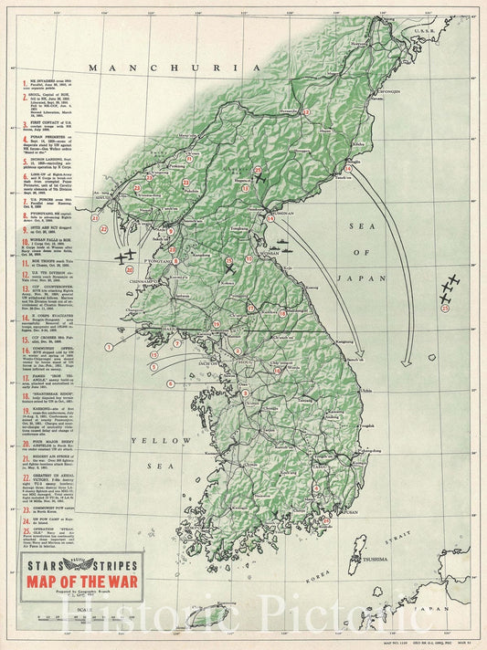 Historic Map : The Korean War, Pacific Stars and Stripes, 1952, Vintage Wall Art