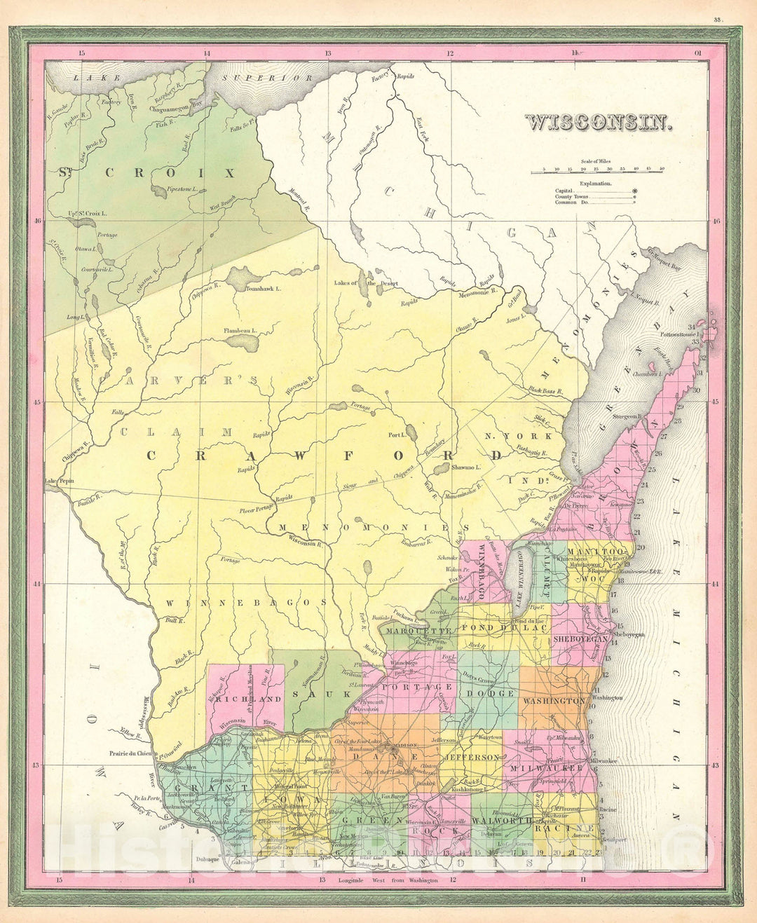 Historic Map : Wisconsin "First Edition, Mitchell, 1846, Vintage Wall Art