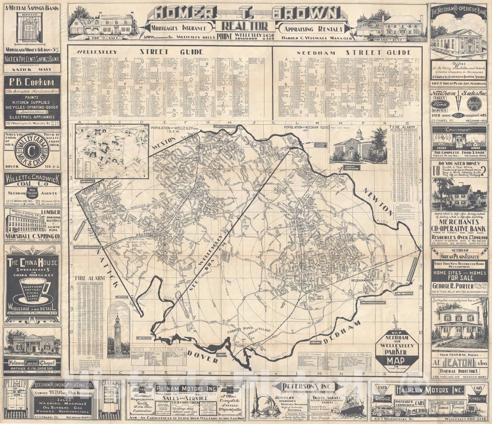 Historic Map : Wellesley and Needham, Massachusetts, Parker, 1937, Vintage Wall Art