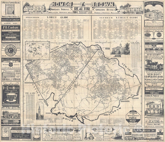 Historic Map : Wellesley and Needham, Massachusetts, Parker, 1937, Vintage Wall Art