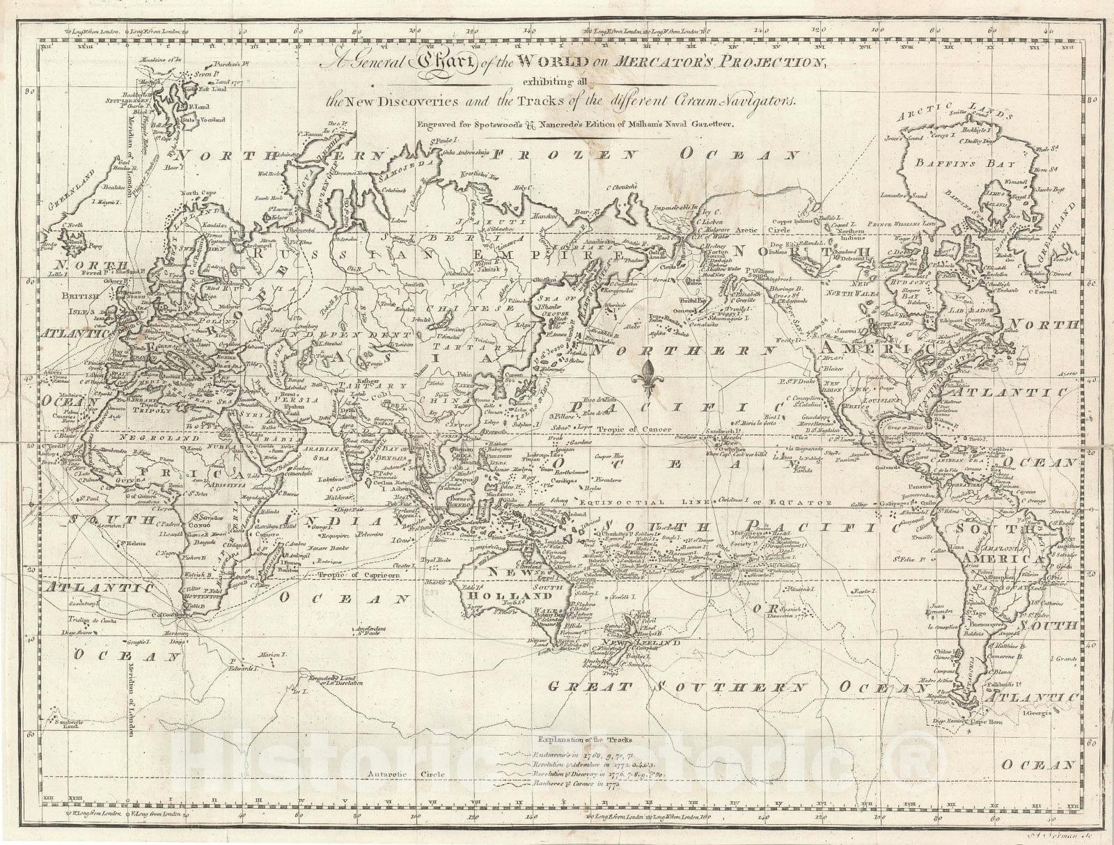 Historic Map : The World with Explorers' Tracks, John Norman American, 1797, Vintage Wall Art