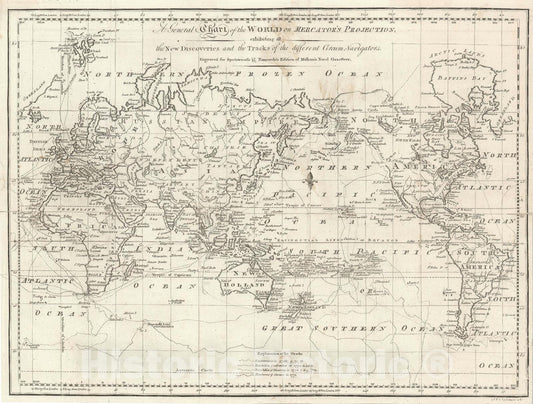 Historic Map : The World with Explorers' Tracks, John Norman American, 1797, Vintage Wall Art
