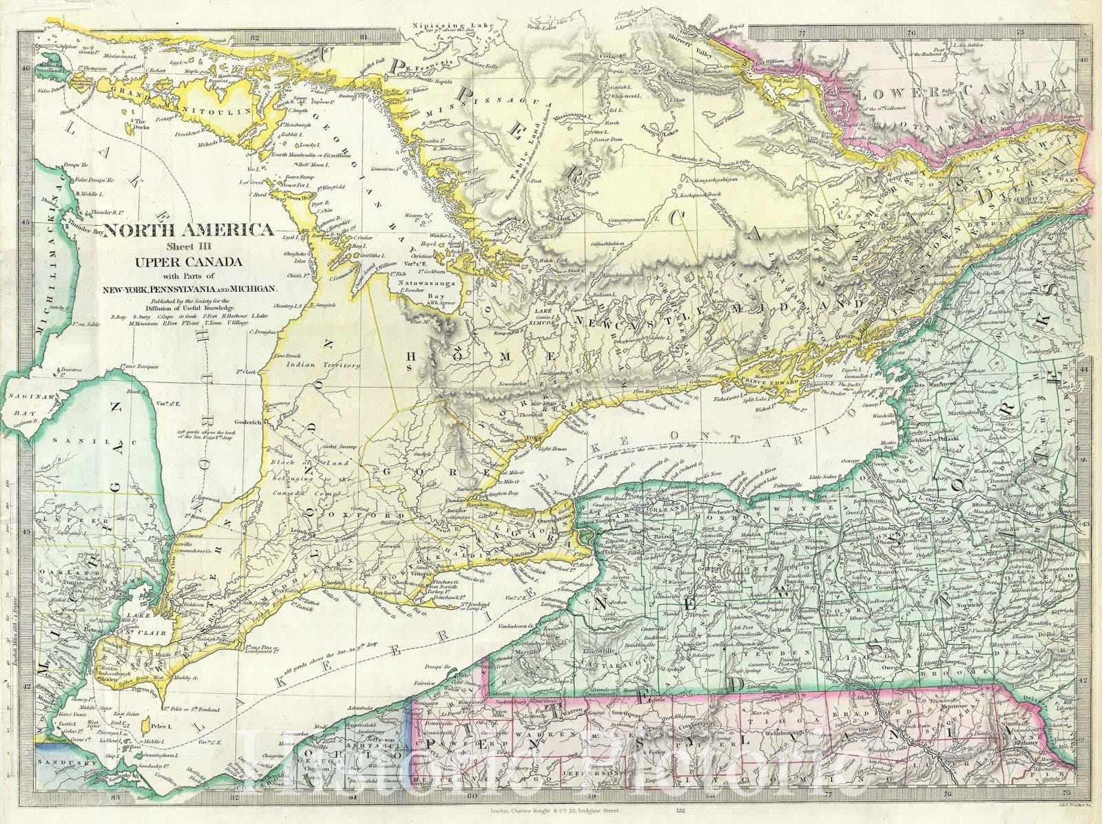 Historic Map : Ontario and Great Lakes, S.D.U.K., 1848, Vintage Wall Art
