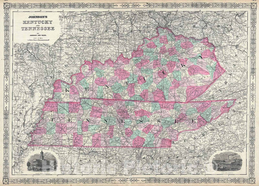 Historic Map : Kentucky and Tennessee, Johnson, 1865, Vintage Wall Art