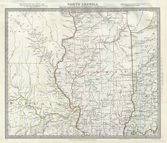 Historic Map : Missouri, Illinois, Iowa and Indiana, S.D.U.K., 1833, Vintage Wall Art
