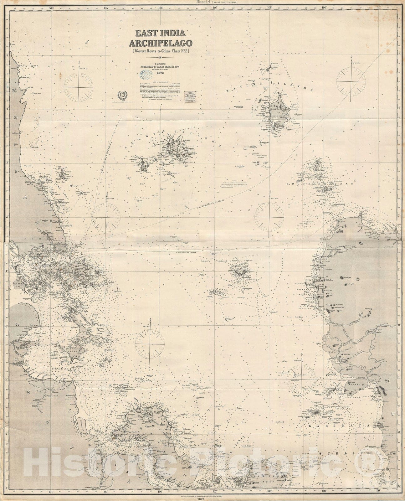 Historic Map : Nautical Chart East Malay and Singapore, Blueback, 1872, Vintage Wall Art