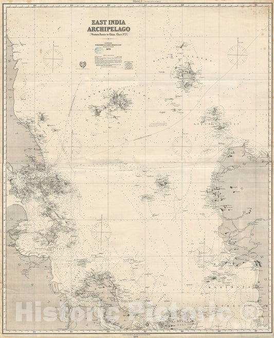 Historic Map : Nautical Chart East Malay and Singapore, Blueback, 1872, Vintage Wall Art