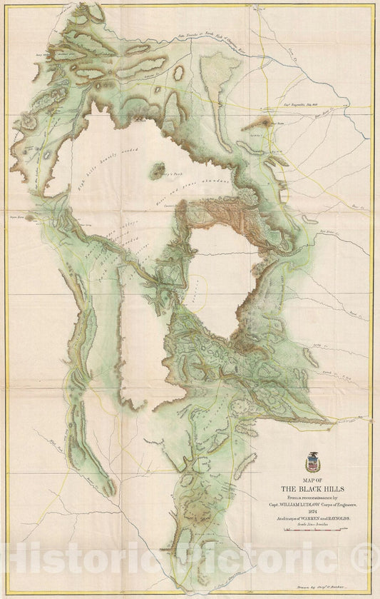 Historic Map : The Black Hills, South Dakota "Little Big Horn", Ludlow and Custer, 1874 v2, Vintage Wall Art