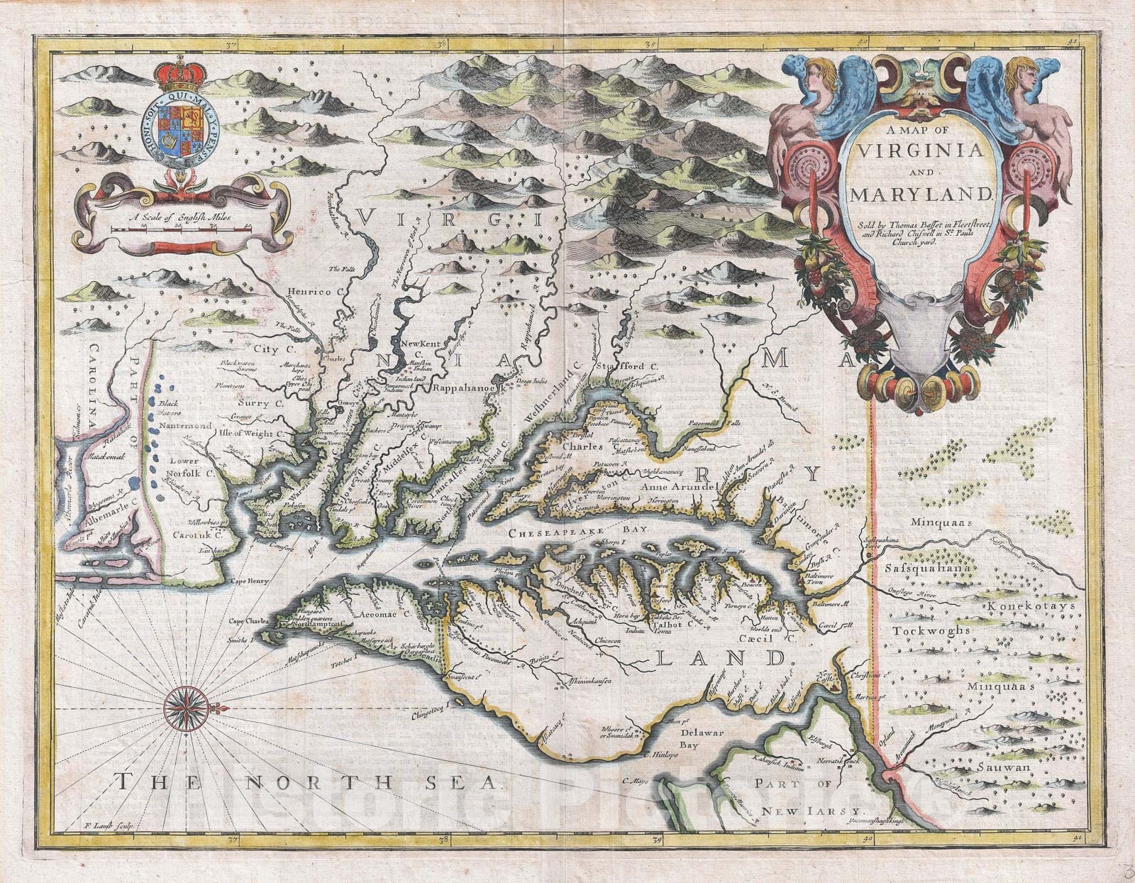 Historic Map : Virginia and Maryland "Chesapeake Bay", Speed and F. Lamb, 1676, Vintage Wall Art