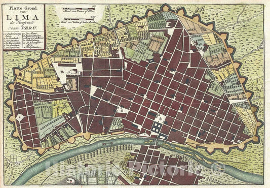 Historic Map : Plan of Lima, Peru, Isaak Tirion, 1767, Vintage Wall Art