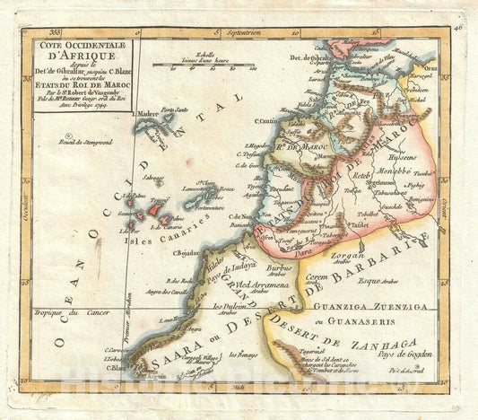 Historic Map : Morocco, Western Sahara, and Mauritania, Vaugondy, 1749, Vintage Wall Art