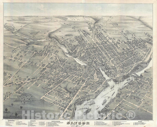 Historic Map : Bird's-Eye View of Bangor, Maine "Stoner", Augustus Koch , 1875, Vintage Wall Art