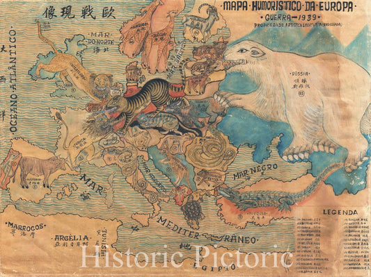 Historic Map : Portuguese and Chinese Manuscript Satirical Map of Europe in 1939 "WWII", 1939, Vintage Wall Art